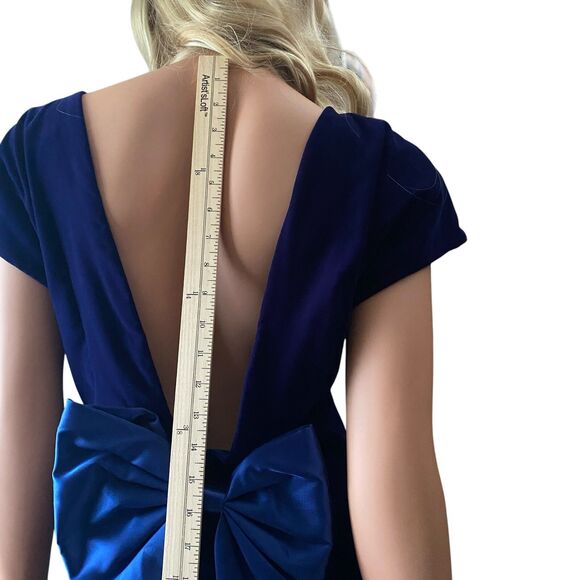 Ann Taylor Dress Vintage 80s Backless Plunge Blue Velvet Sheath Bow Made USA 8 - Picture 7 of 12